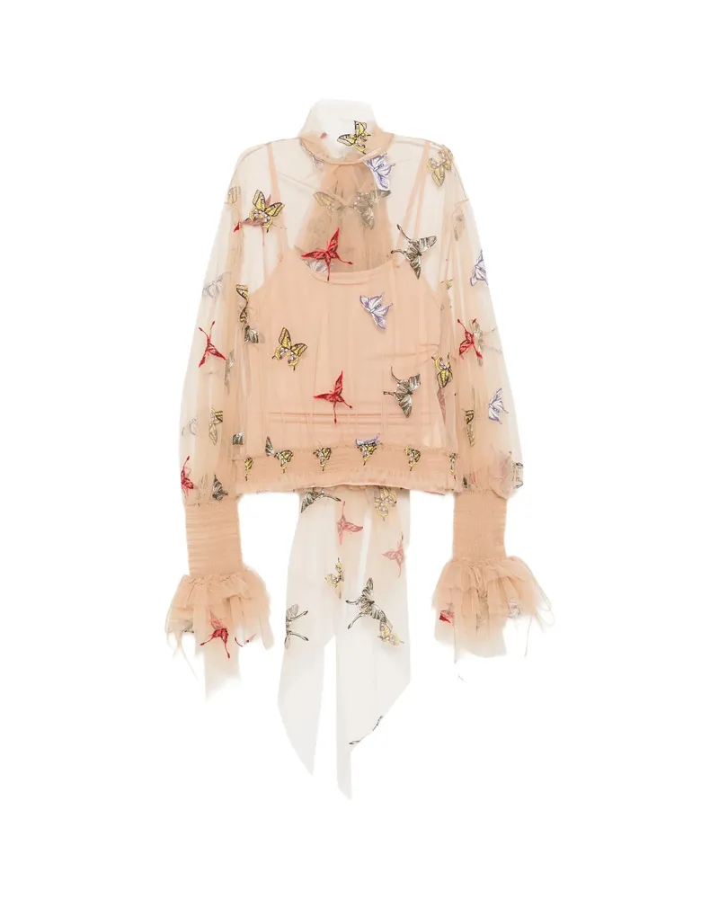 Blumarine Butterfly-embroidered Mesh Blouse Neutrals