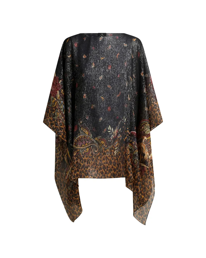 Etro Silk Poncho Top With Striped Animal And Floral Paisley Motif Black