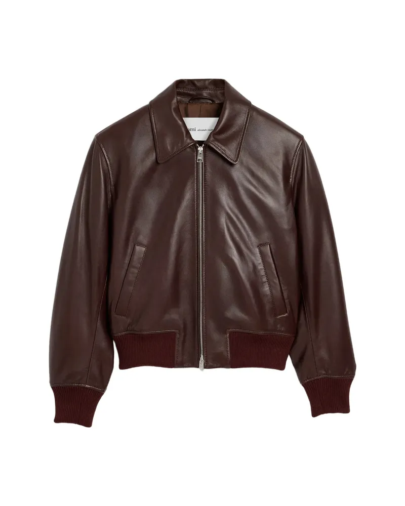 AMI Paris Lamb Leather Zipped Jacket Brown