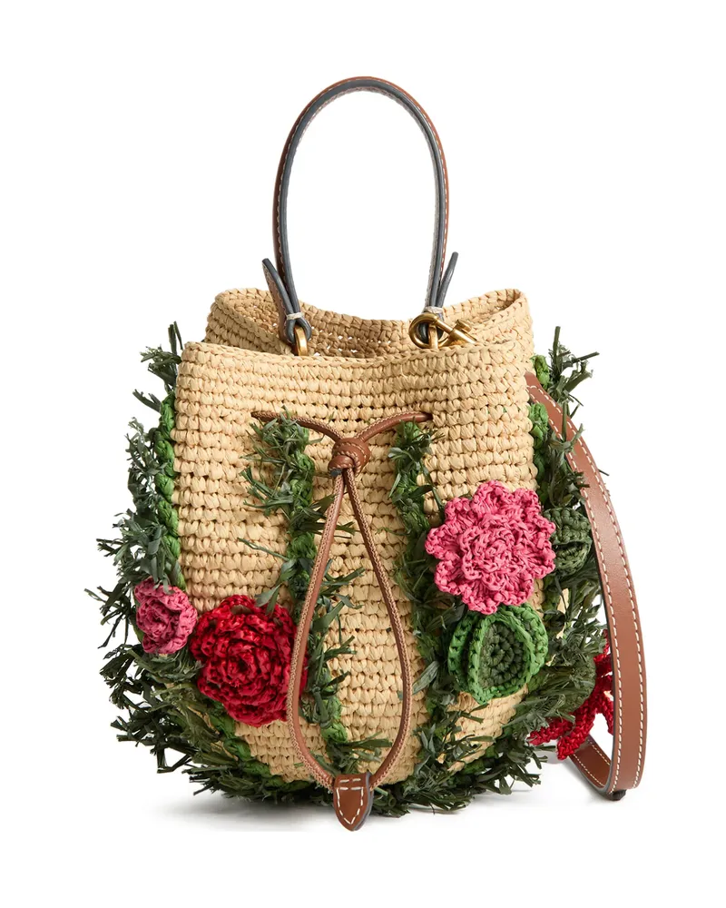 Anya Hindmarch Raffia Floral Bucket Bag Neutrals