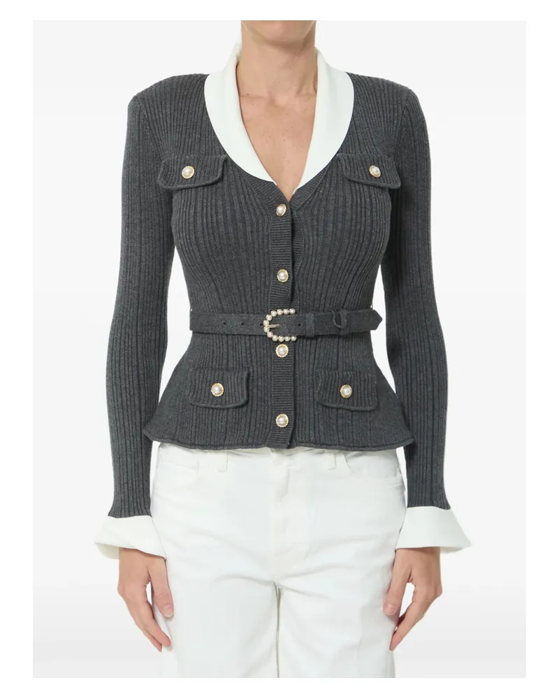 Self-Portrait Belted Ribbed-knit Cardigan Grey