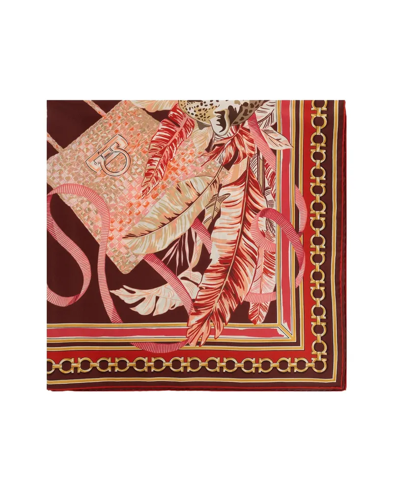 Ferragamo Feline Print Silk Foulard Red