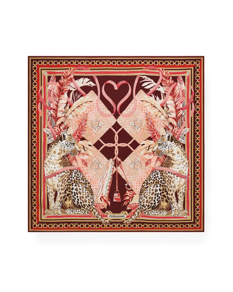 Ferragamo Feline Print Silk Foulard Red