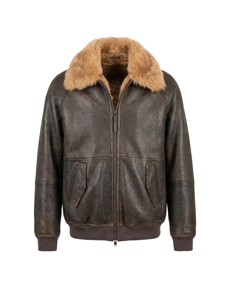 Brunello Cucinelli Shearling-collar Leather Jacket Brown