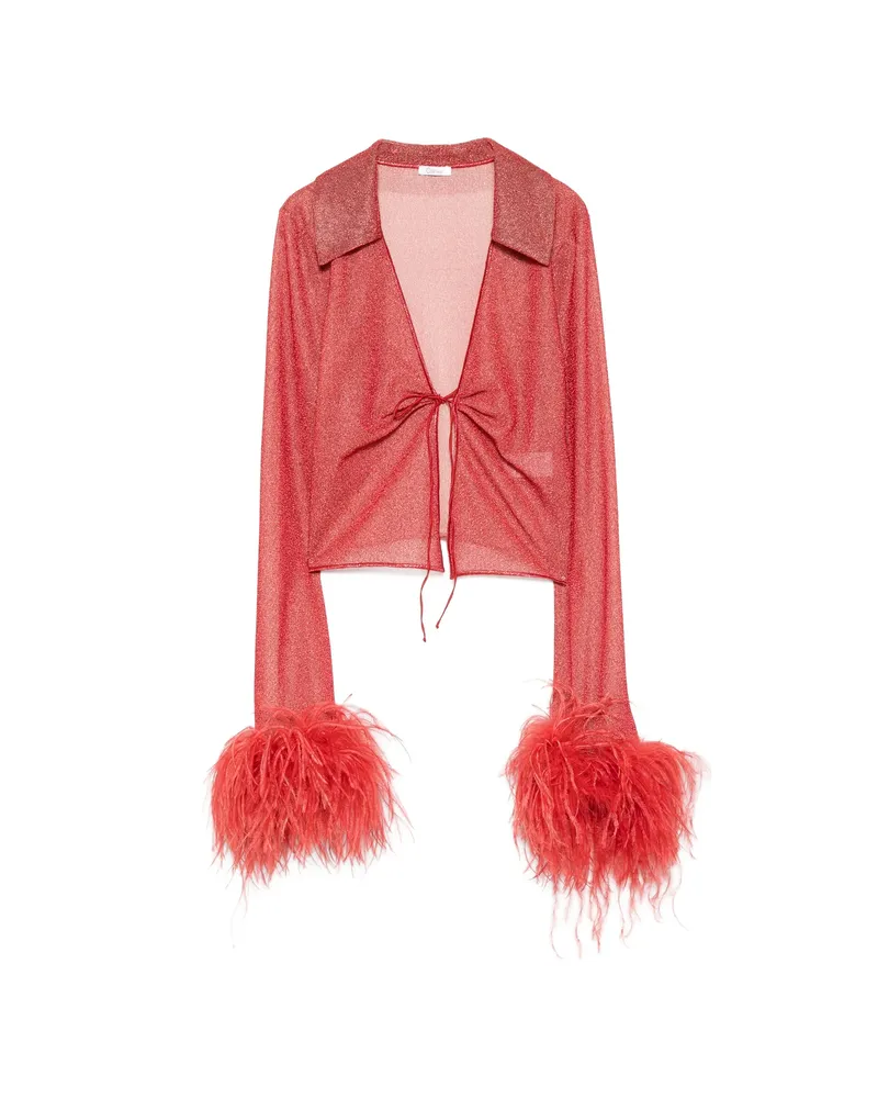 Oséree Feather-trimmed Metallic-thread Top Red