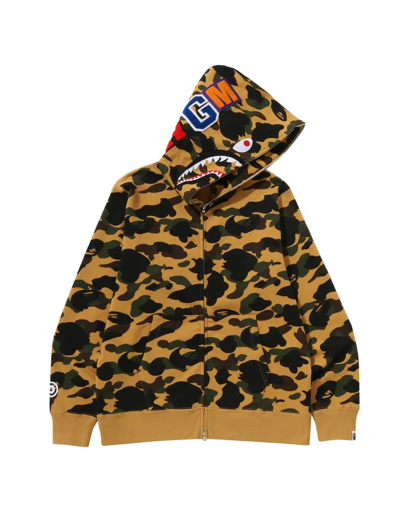 BAPE A Bathing Ape Camouflage-print Shark-motif Full-zip Hoodie Neutrals