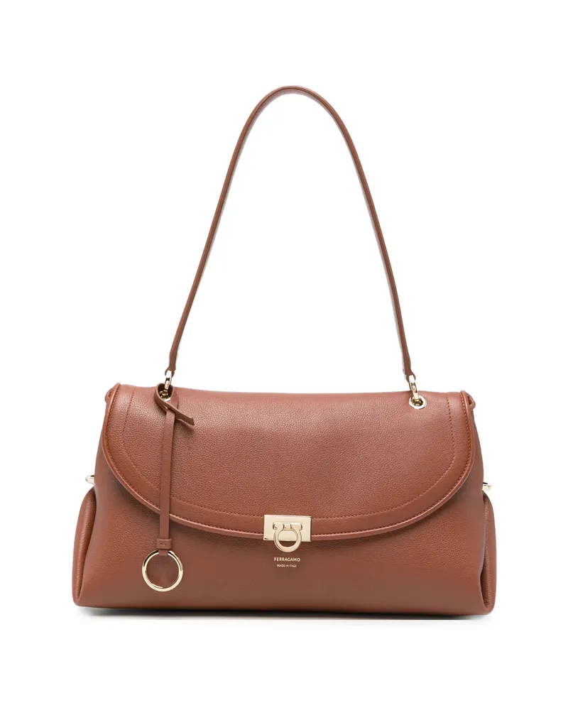 Ferragamo Gancini Pebbled Leather Tote Bag Brown