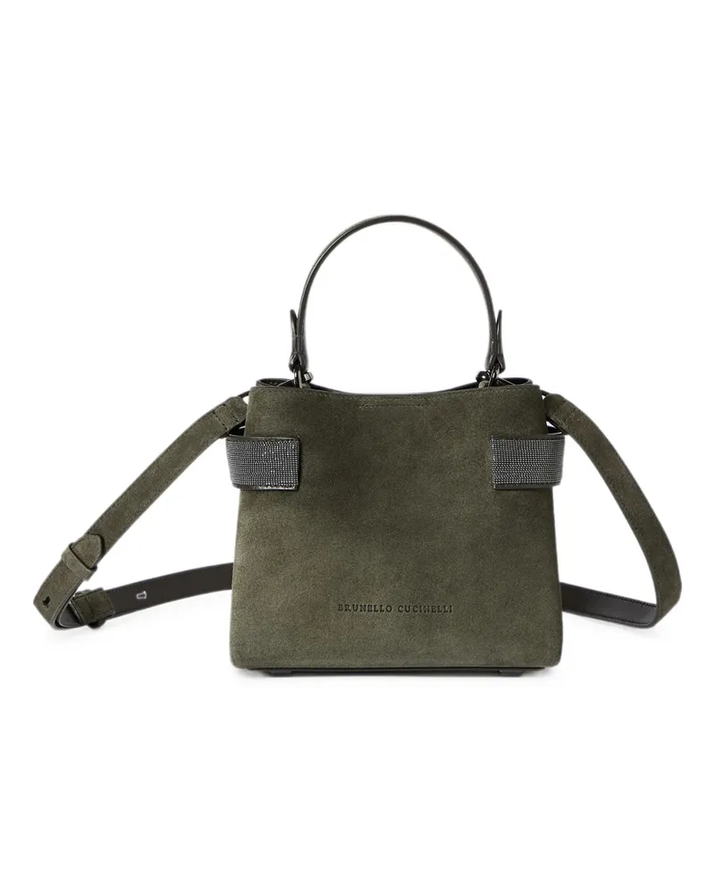 Brunello Cucinelli Essence Small Top-handle Bag In Suede With Precious Bands Green