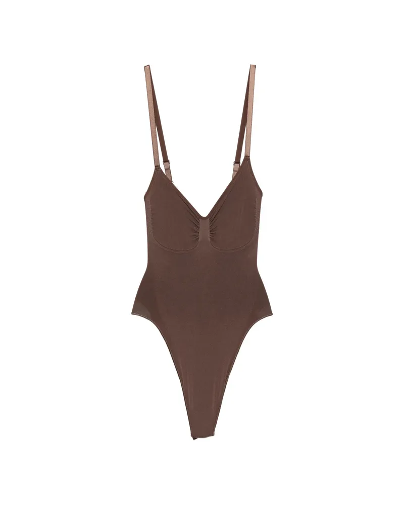 SKIMS Ruched Thong Bodysuit Brown