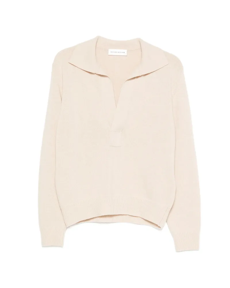 Victoria Beckham Polo-collar V-neck Wool Sweater Neutrals