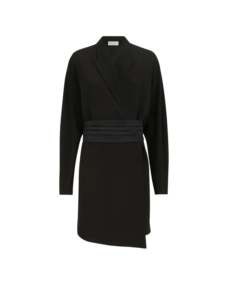 Brunello Cucinelli Silk And Acetate Crêpe Cady Tuxedo Dress With Monili Black