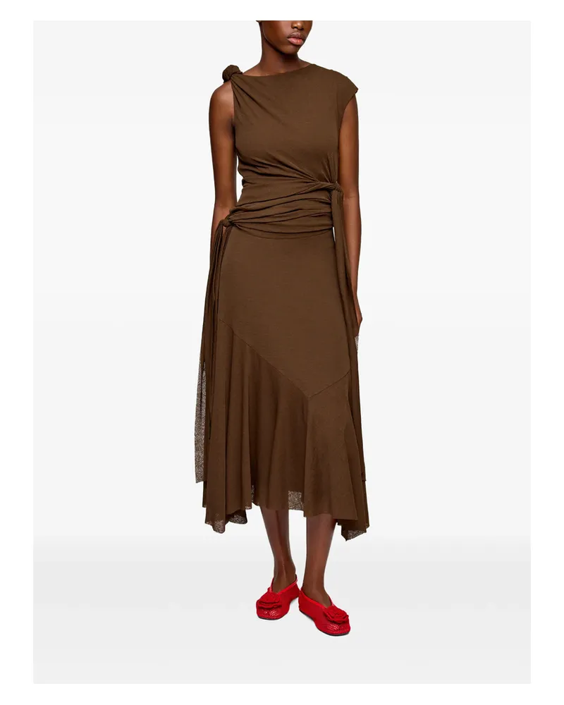 Ganni Knot Detail Asymmetric Midi Dress Brown