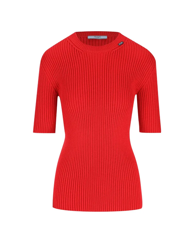Prada Ribbed-knit Short-sleeve Sweater Red