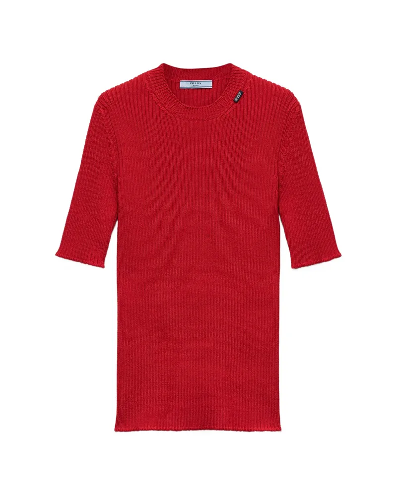 Prada Short-sleeved Ribbed Knit Wool Sweater Red