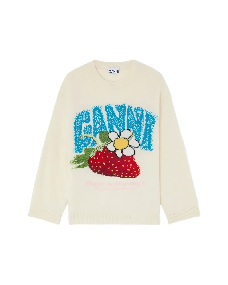 Ganni Strawberry-motif Intarsia-knit Sweater Neutrals