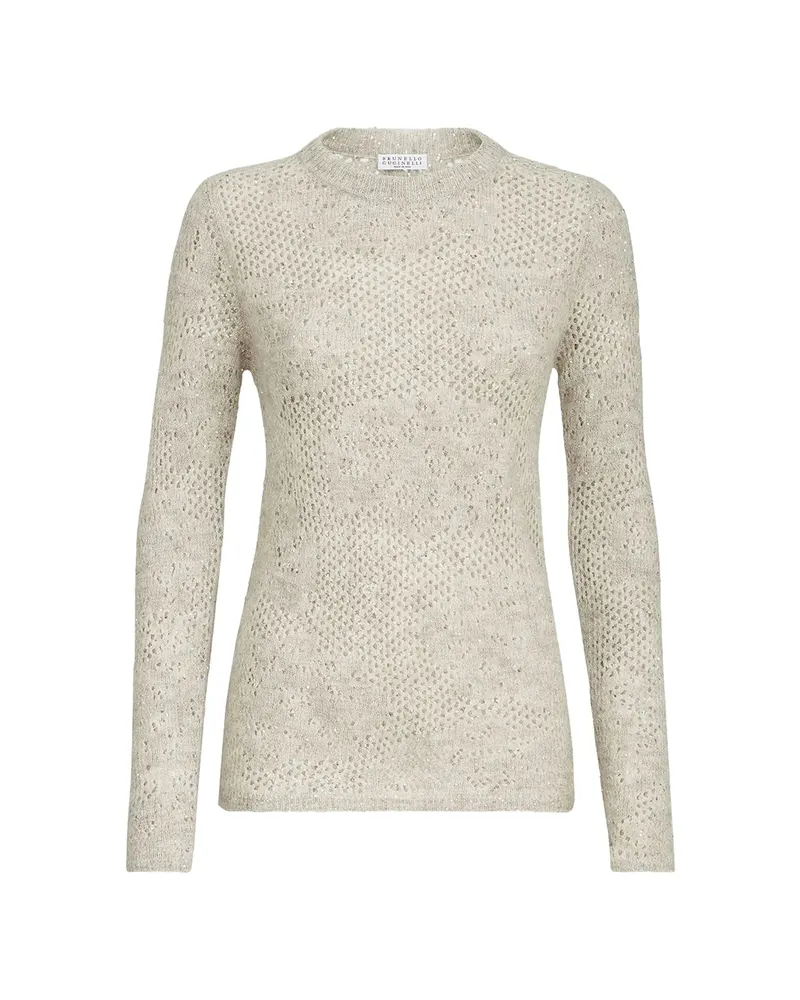 Brunello Cucinelli Lace Flowers Sweater In Sparkling Mohair And Virgin Wool Neutrals