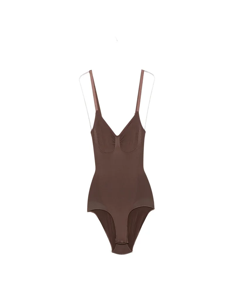 SKIMS Ruched-detail Sleeveless Bodysuit Brown