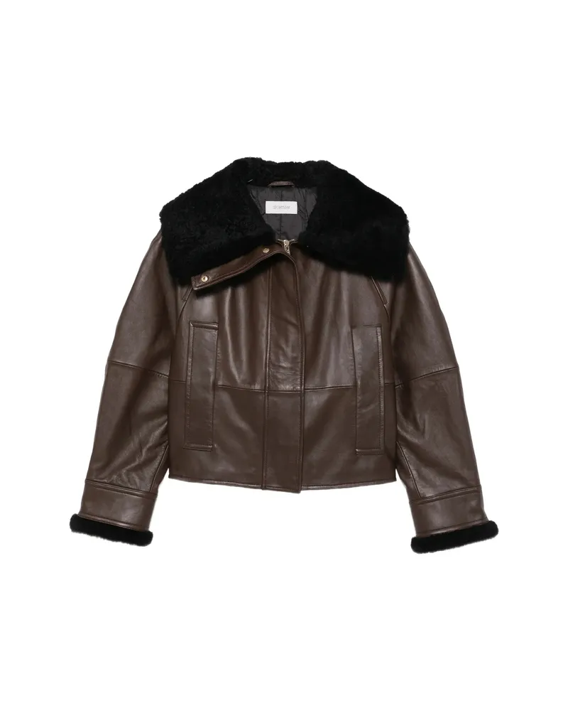 SPORTMAX Shearling-trim Leather Jacket Brown