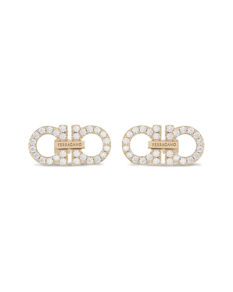 Ferragamo Double Gancini Crystal Embellished Earrings Gold