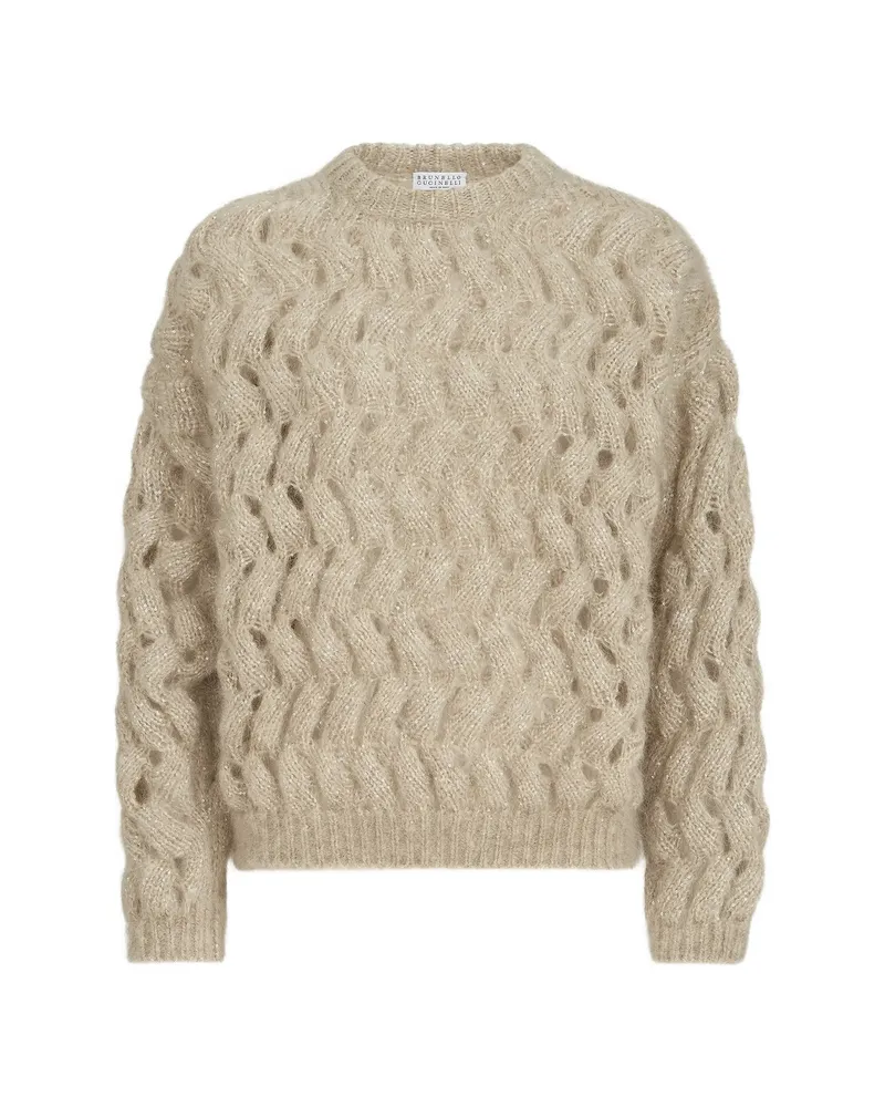 Brunello Cucinelli Dazzling Zigzag-cables Sweater In Mohair And Wool Neutrals