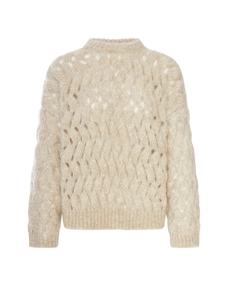 Brunello Cucinelli Dazzling Zigzag Cables Sweater Neutrals