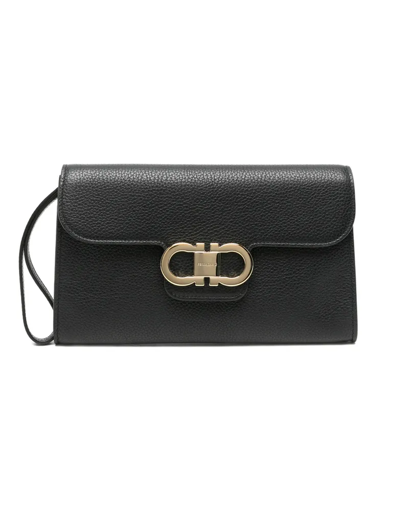 Ferragamo Double Gancini Leather Clutch Bag Black