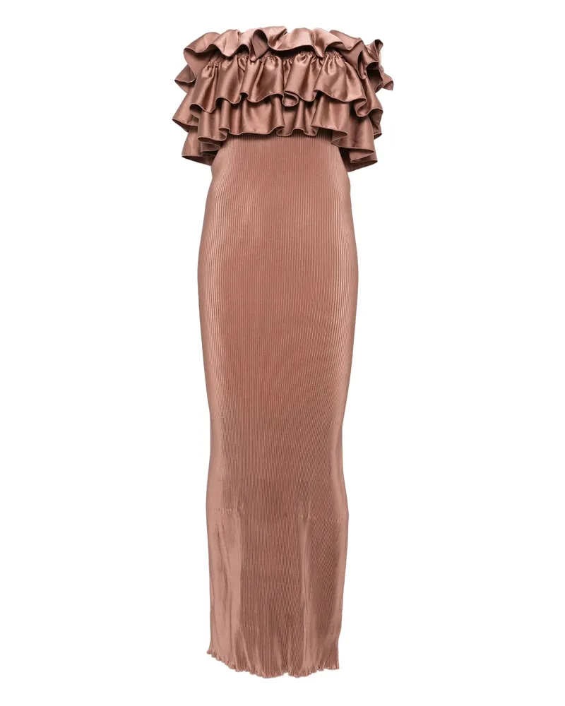 L'IDEE Pleated Ruffled Maxi Evening Dress Brown