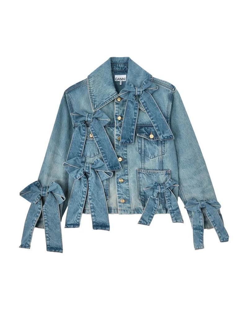 Ganni Bow-embellished Denim Jacket Blue