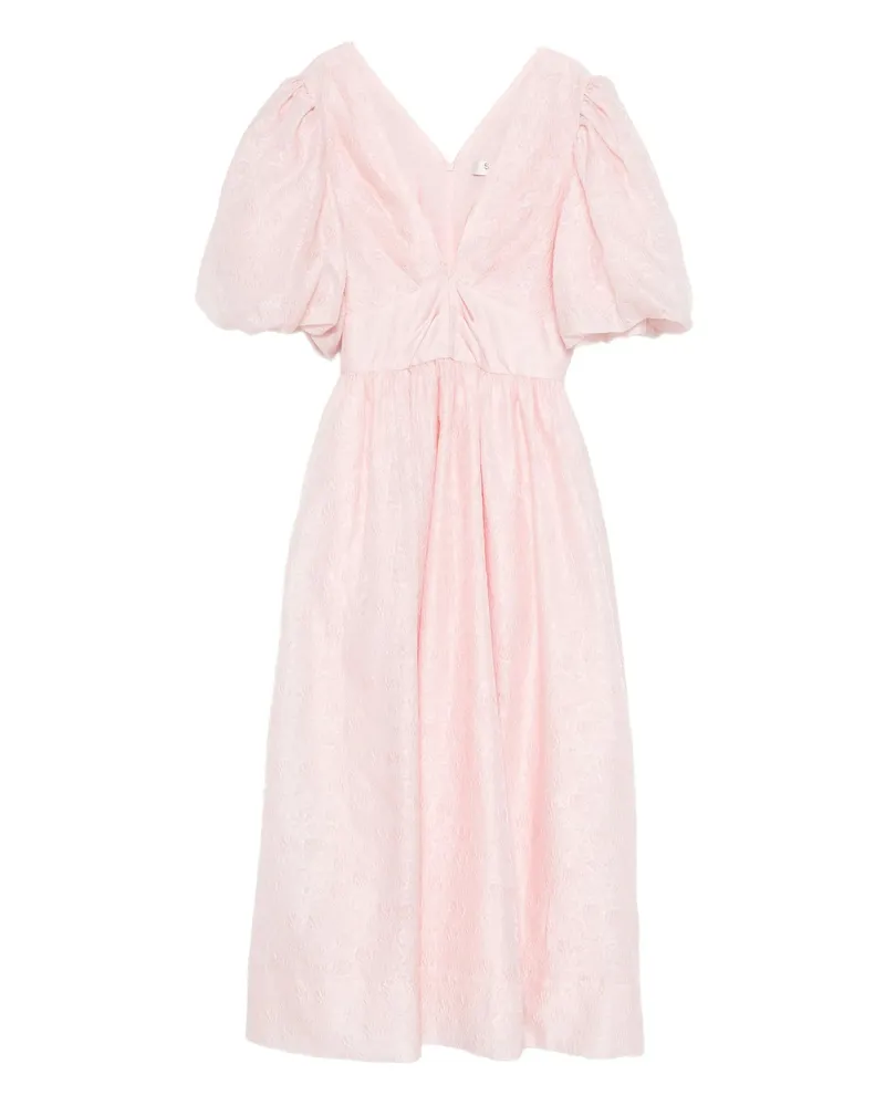 Sea Puff-sleeve V-neck Midi Dress Pink