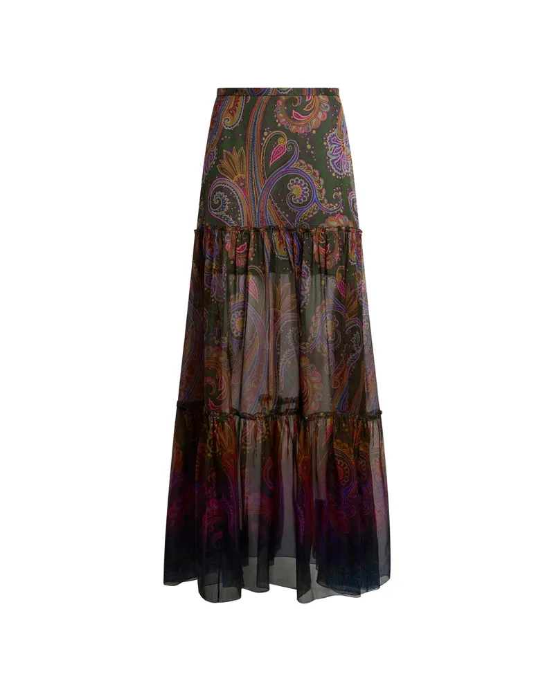 Etro Silk Maxi Skirt With Placed Paisley Print Green
