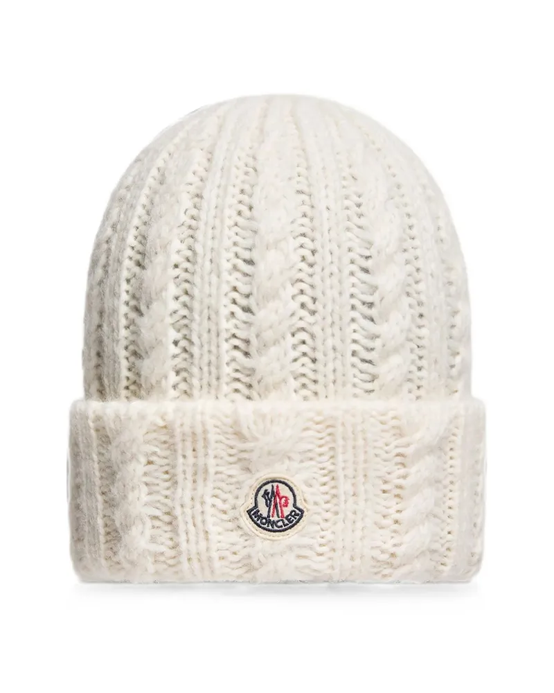 Moncler Cable Knit Wool Blend Beanie Hat White