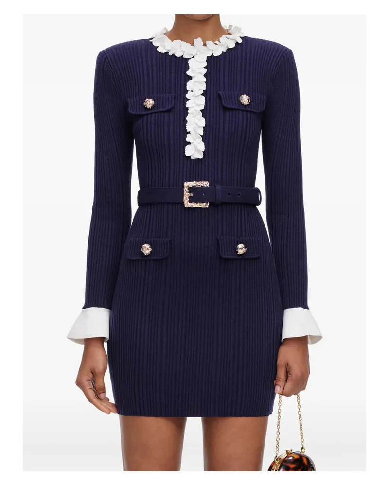 Self-Portrait Navy Flower Rib Knit Mini Dress Blue