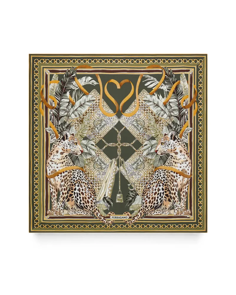 Ferragamo Feline-print Silk Foulard Scarf Green