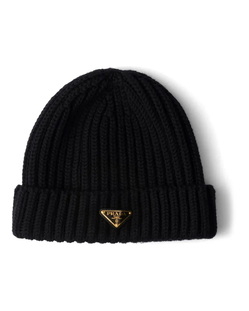 Prada Triangle-logo Ribbed Beanie Black