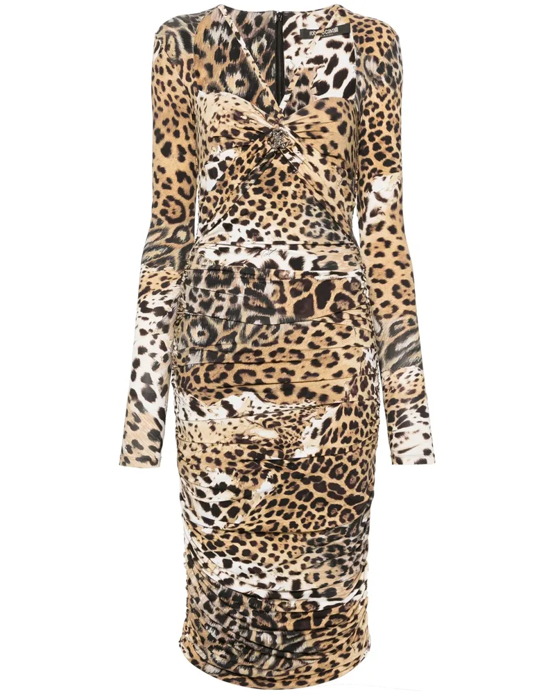 Roberto Cavalli Jaguar Skin-print Ruched Dress Neutrals