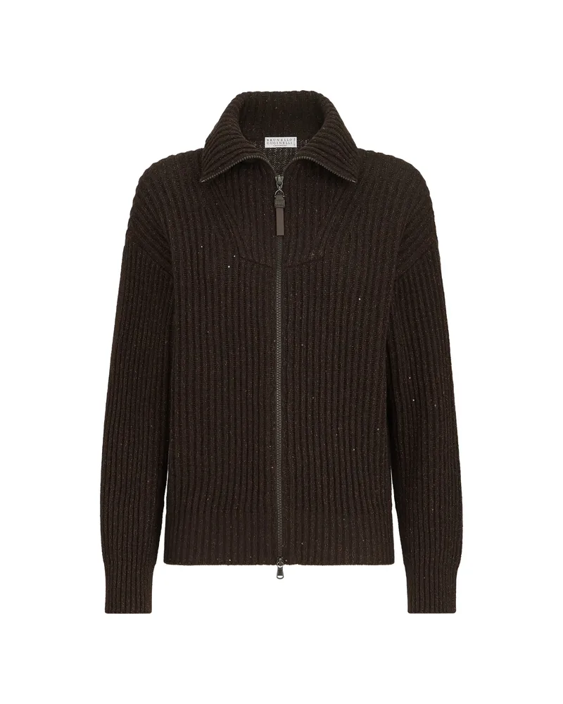 Brunello Cucinelli Sparkling & Dazzling Ribbed-knit Sequin-embellished Cardigan Brown