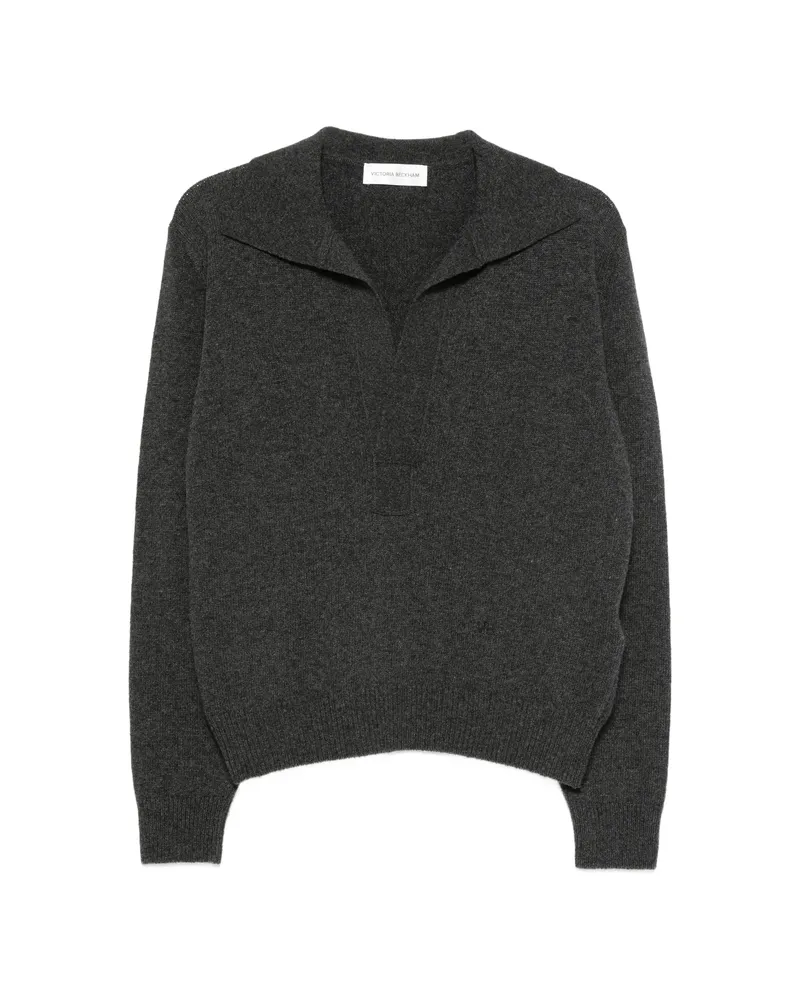 Victoria Beckham Polo-collar V-neck Wool Sweater Grey