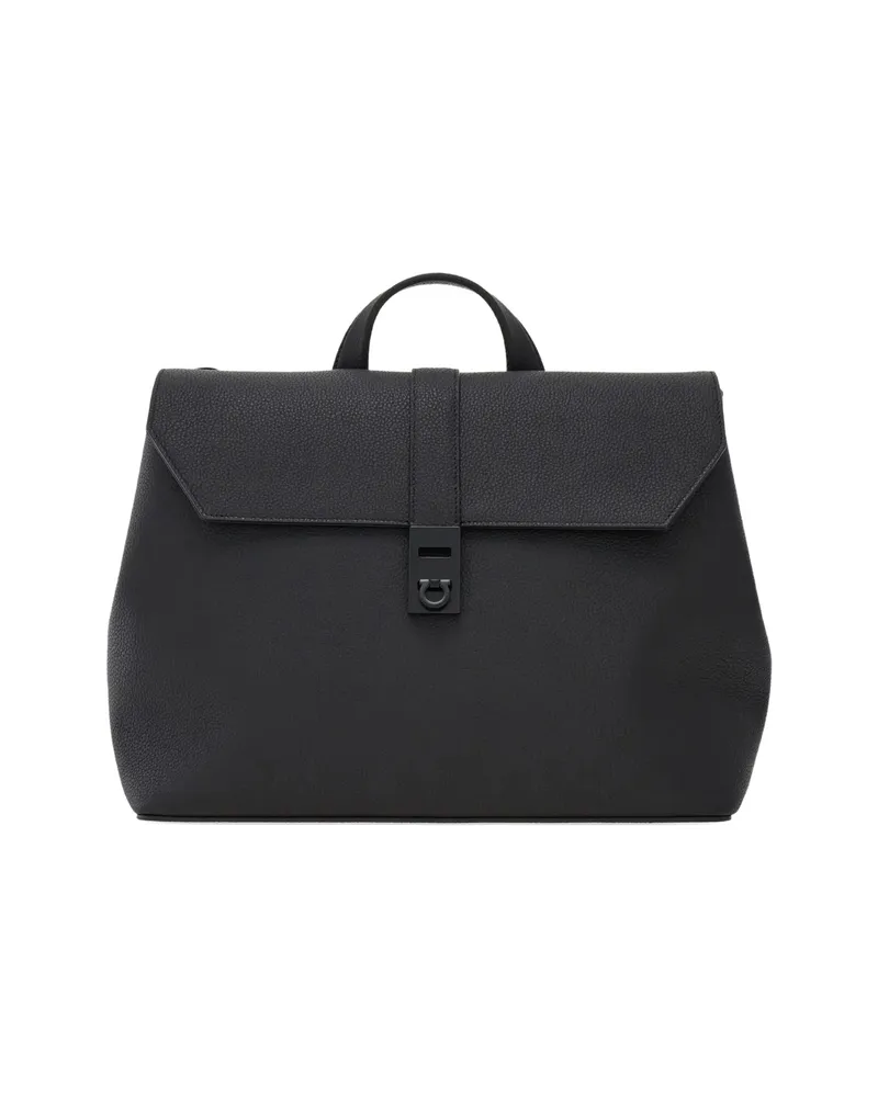 Ferragamo Hammered Flap Leather Backpack Black