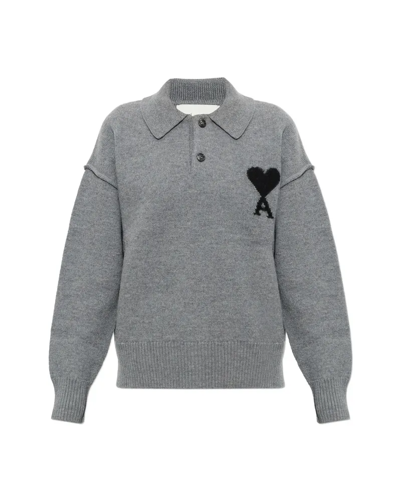 AMI Paris Ami De Coeur Wool Polo Shirt Grey
