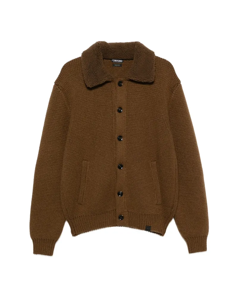 Tom Ford Shearling-collar Elbow-patch Cardigan Brown