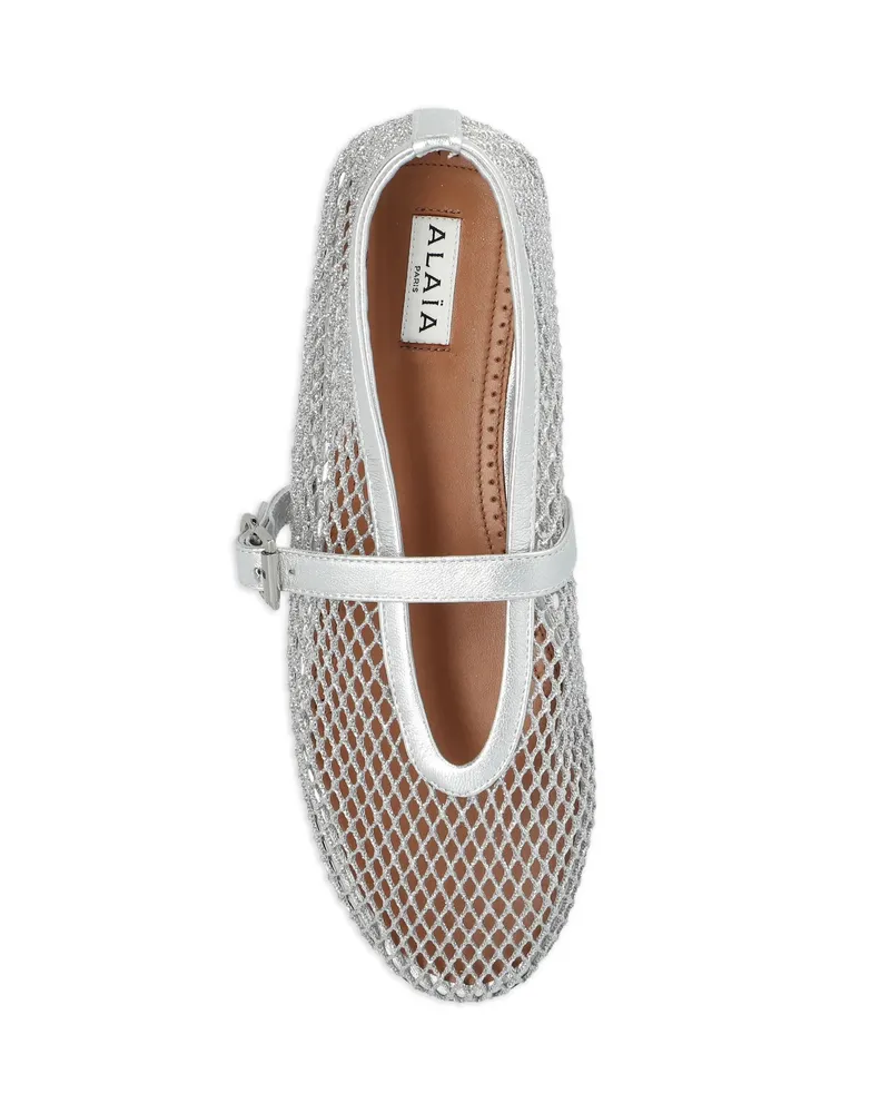 Alaïa Ballet Flats In Laminated Fishnet Silver