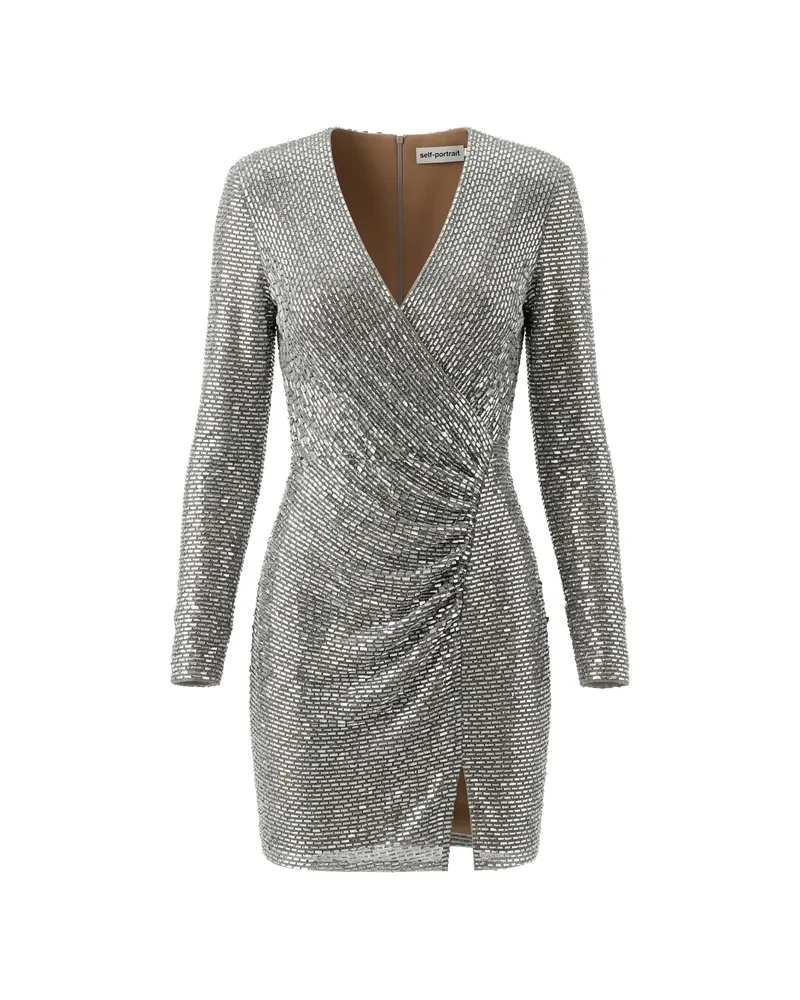 Self-Portrait Rhinestone Mesh Wrap Mini Dress Silver
