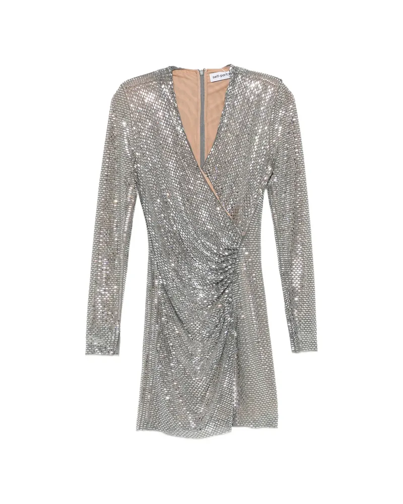 Self-Portrait Rhinestone Mesh Wrap Mini Dress Silver