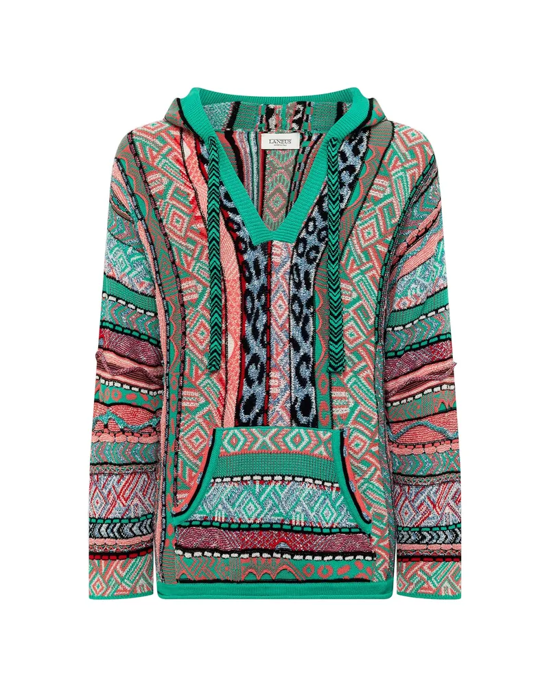 Laneus Patterned V-neck Hoodie Green