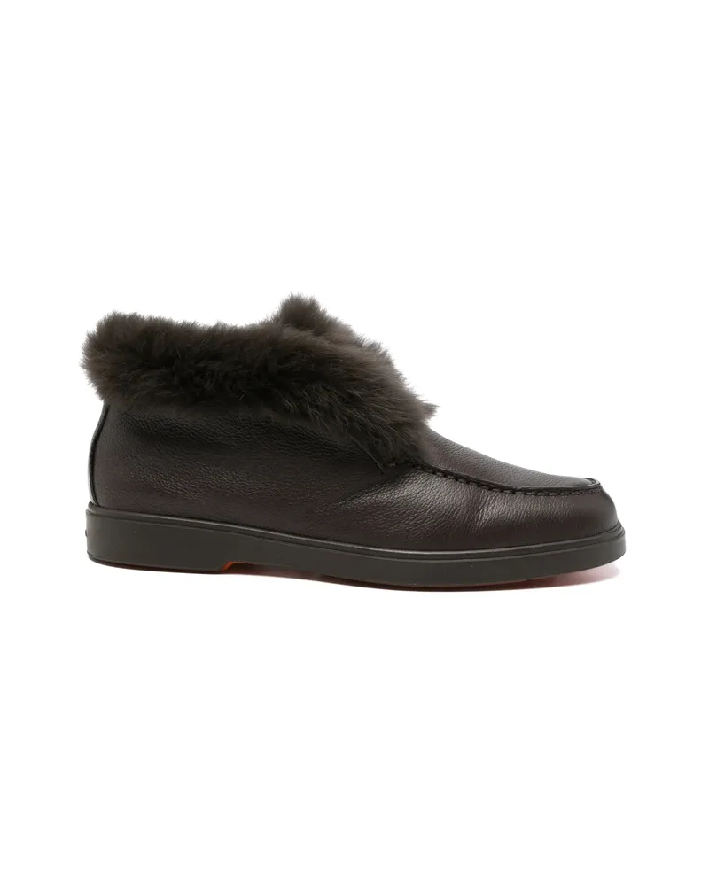 Santoni Shearling-trim Pebbled Leather Loafers Brown