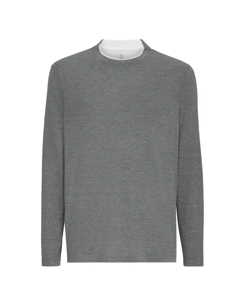 Brunello Cucinelli Silk And Cotton Lightweight Jersey Long Sleeve Crew Neck T-shirt With Contrast Detail Grey