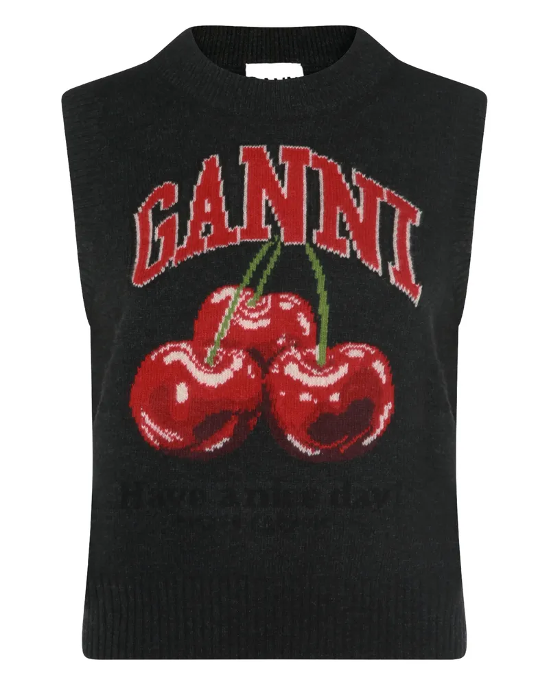 Ganni Cherry-embroidered Top Grey