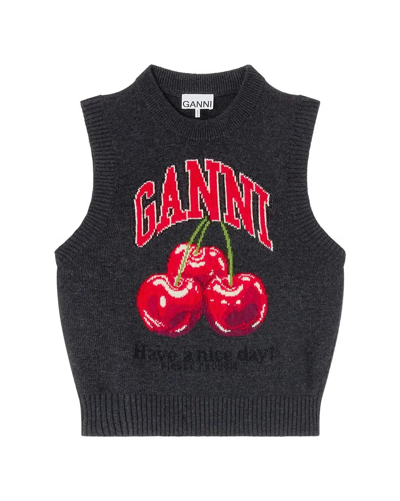 Ganni Cherry-embroidered Top Grey
