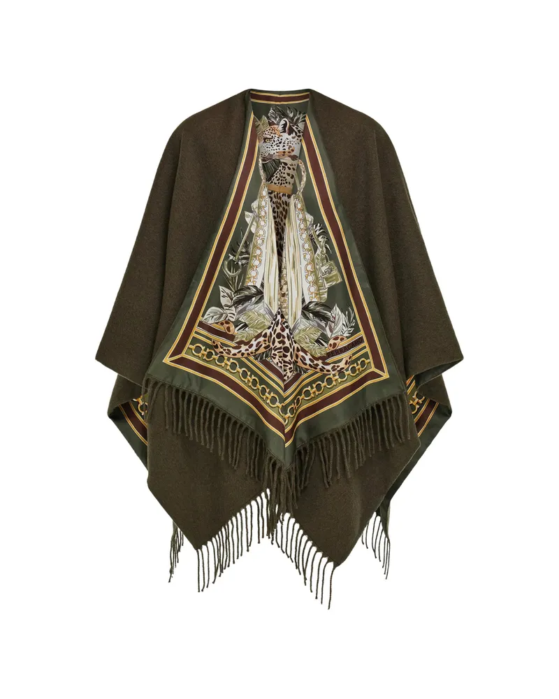 Ferragamo Feline Print Cashmere And Silk Reversible Cape Green