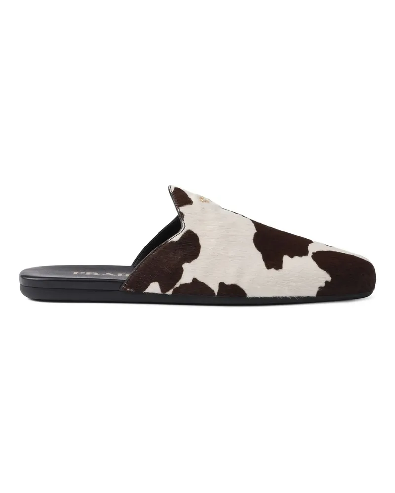 Prada Cow-print Slip-on Mules White